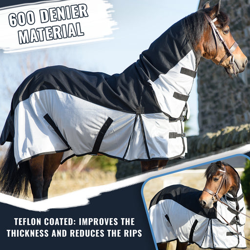 600D 2 in 1 Waterproof Fly Turnout Mesh Horse Rug Fixed Neck Black/Silver 5'6-6'9 - Tack24