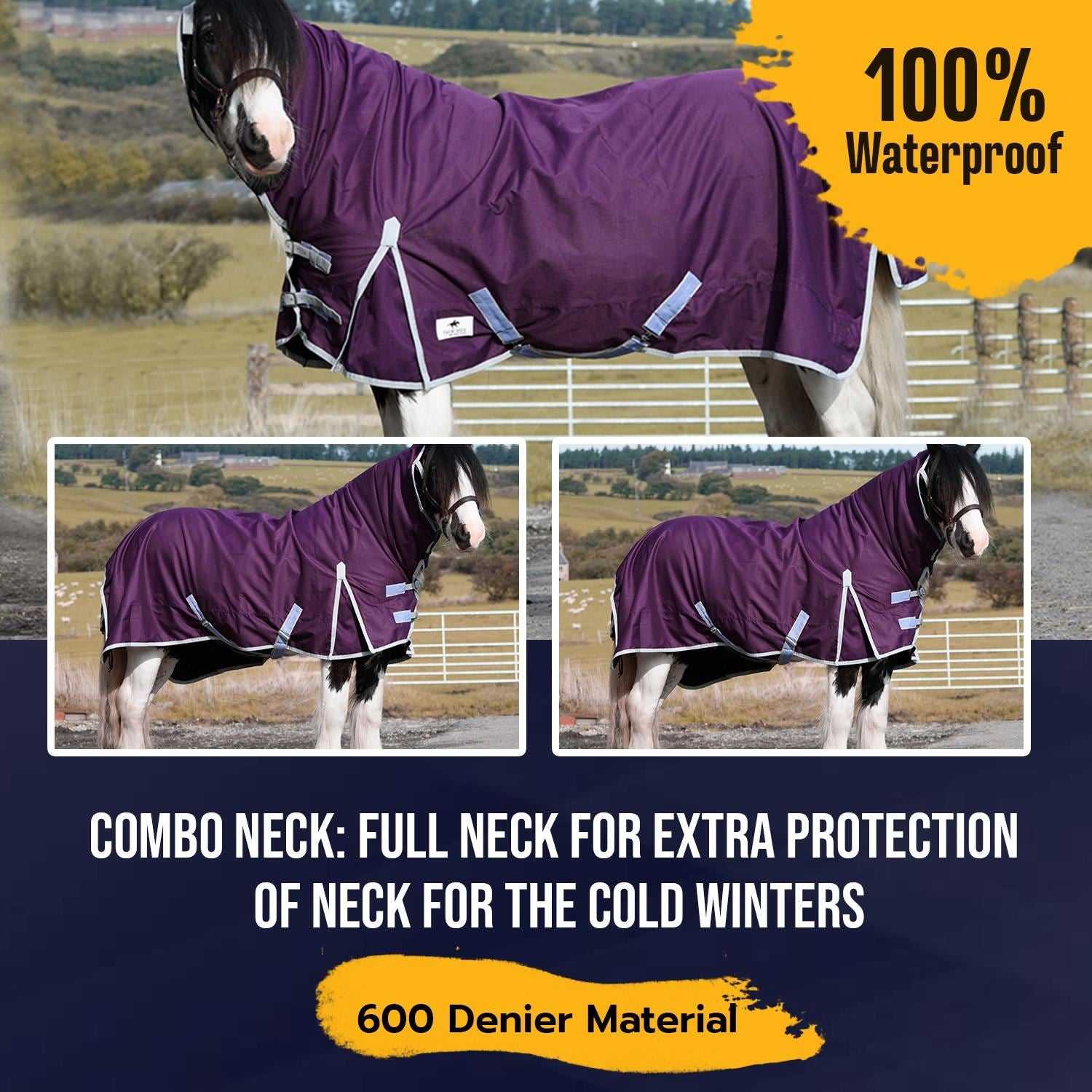 600D Outdoor Mediumweight Turnout 50G Fill COMBO Thermo Horse Rug Purple 5'6-6'9 - Tack24
