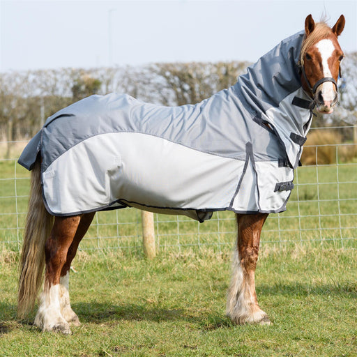 600D 2 in 1 Waterproof Fly Turnout Mesh Horse Rug Fixed Neck Grey/Silver 5'6-6'9 - Tack24