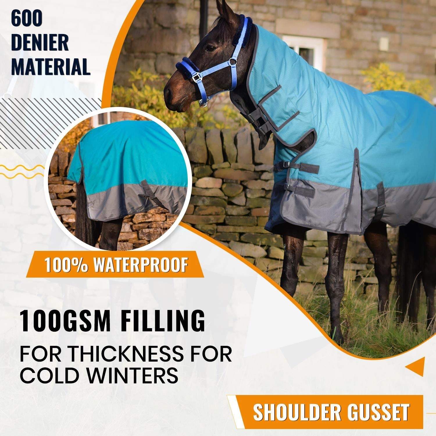 Outdoor Winter Turnout Horse 100gsm Combo Full Neck Wateproof Aqua/Grey 5'3-6'9 - Tack24