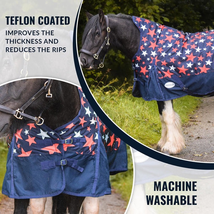 Horse Turnout Rug 600D HALF Neck Waterproof Double Buckl Navy White Star 5'3-6'9 - Tack24