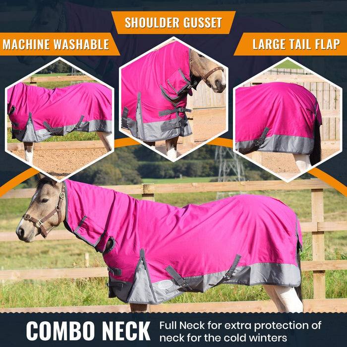1200D Outdoor Turnout Horse Rugs 50g Filling COMBO Neck Raspberry/Grey 5'3-6'9 - Tack24