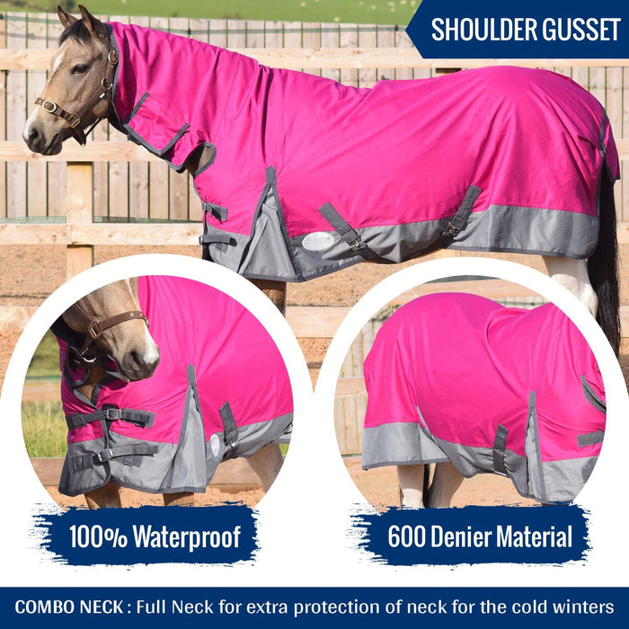 600D Heavyweight Turnout Horse Rugs 250G Fill Combo Neck Raspberry/Grey 5'3-6'9 - Tack24
