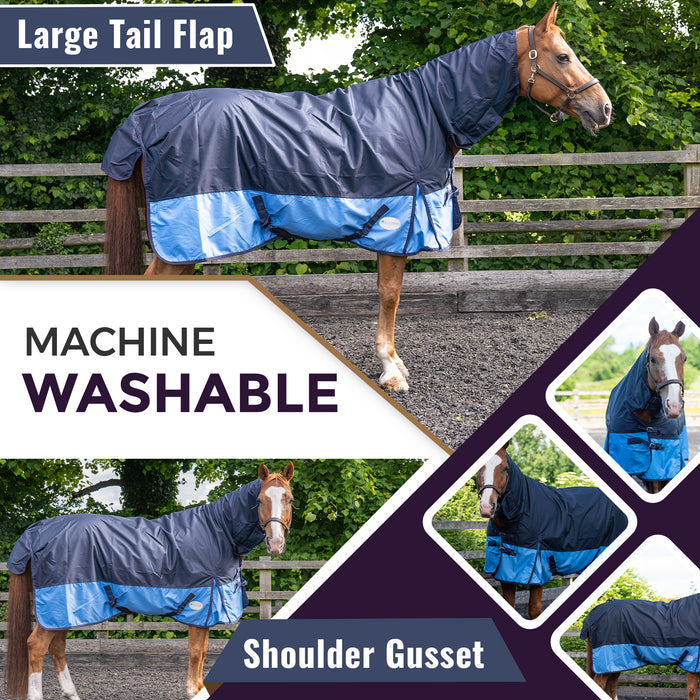 600D Lightweight Turnout Horse Rug Waterproof Combo Full Neck Navy/Baby Blue 5'6 -6'9