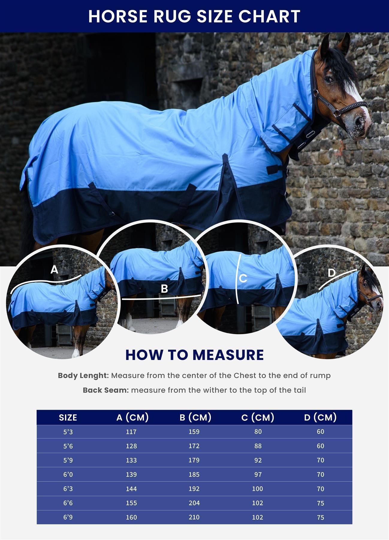 600D Outdoor Winter Turnout Horse Rugs 50G Fill COMBO Full Neck Blue/Navy 5'3-6'9