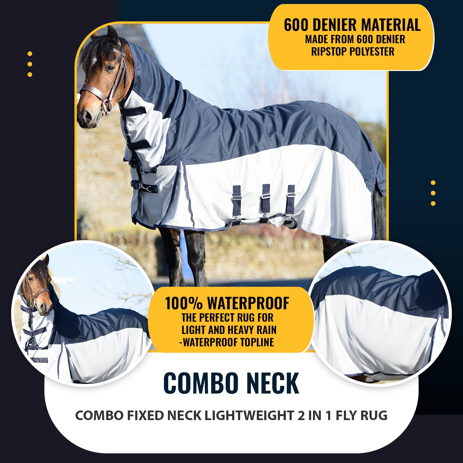 600D 2 in 1 Waterproof Fly Turnout Mesh Horse Rug Fixed Neck Navy/Silver 5'6-6'9 - Tack24