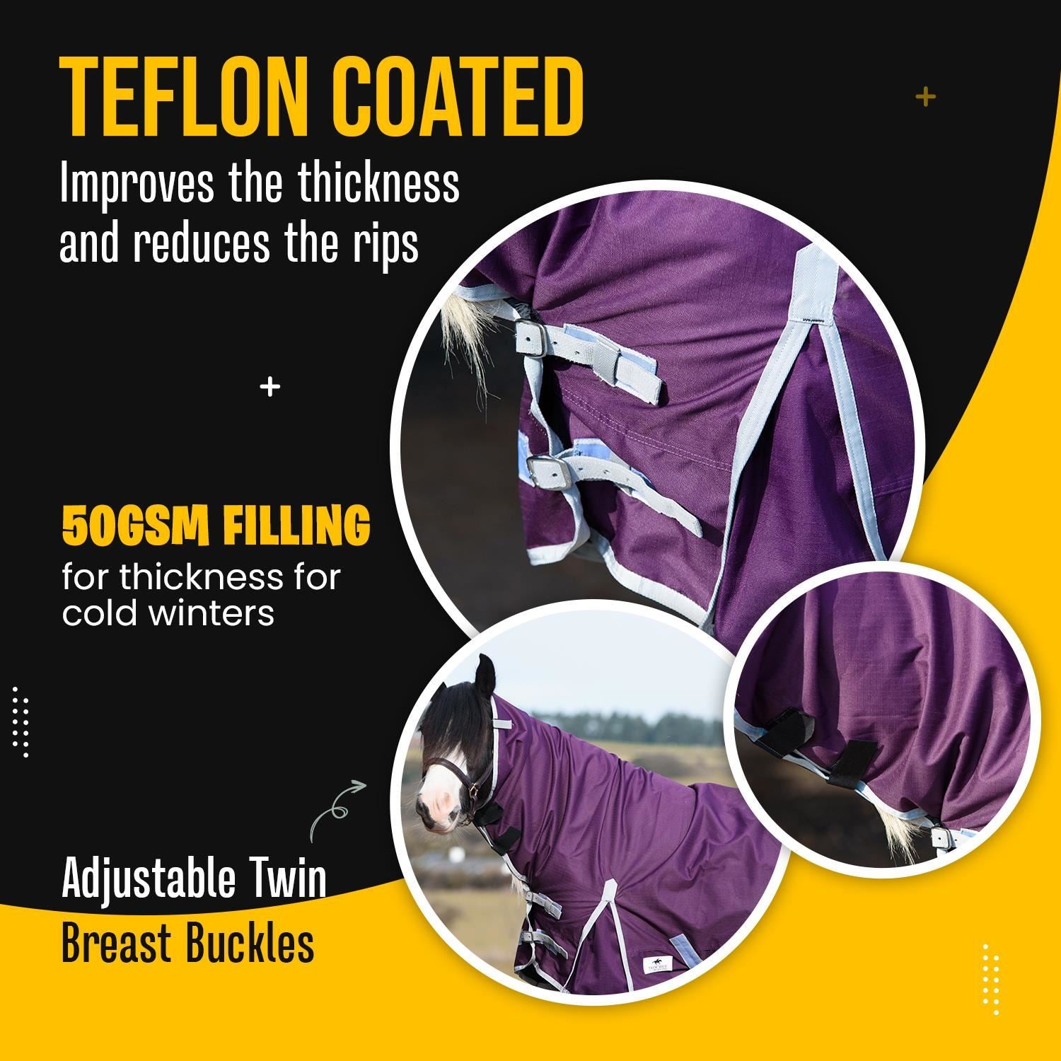 600D Outdoor Mediumweight Turnout 50G Fill COMBO Thermo Horse Rug Plum 5'6-6'9 - Tack24