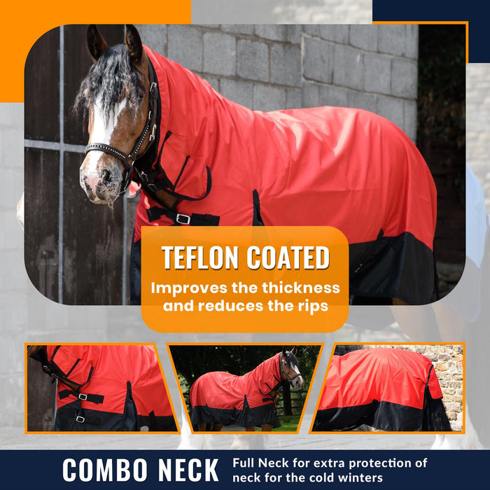 600D Lightweight Turnout Horse Rug Waterproof Combo Full Neck Red/Black 5'3 -6'9 - Tack24
