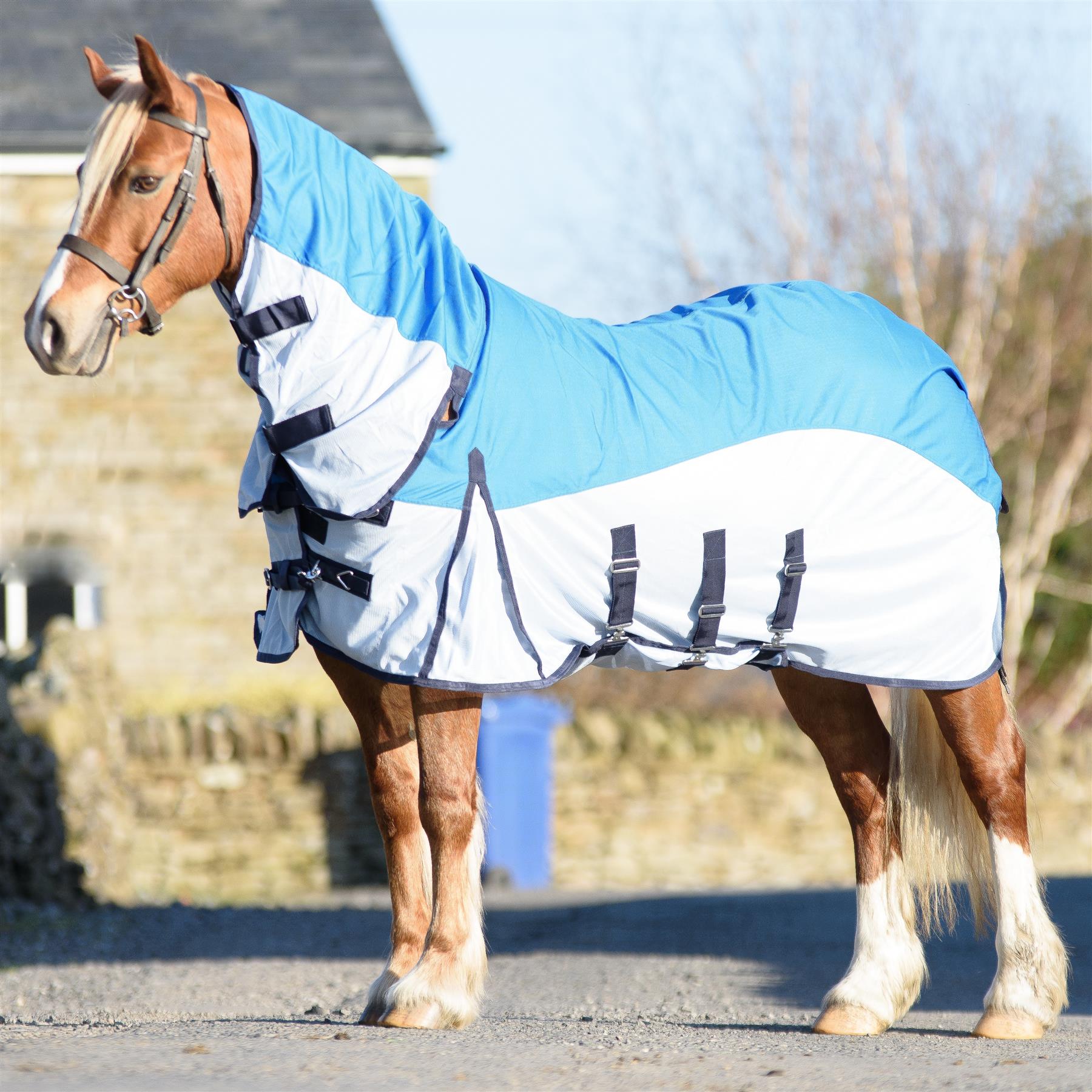 600D 2in1 Waterproof Fly Turnout Mesh Horse Rug Fixed Neck Cobalt Blue IceBlue 5'6-6'9 - Tack24