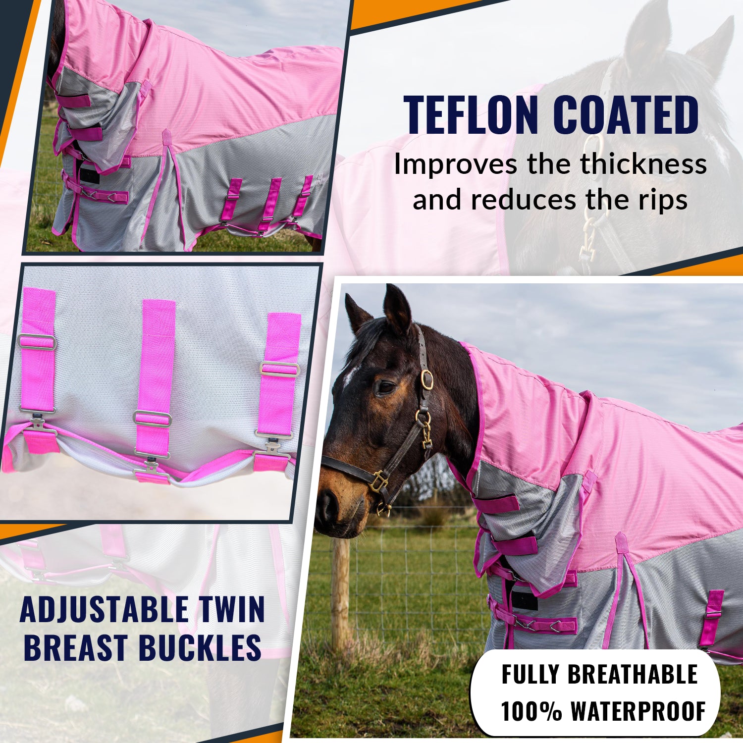 600D 2 in 1 Waterproof Fly Turnout Mesh Horse Rug Fixed Neck Pink/Silver 5'6-6'9 - Tack24