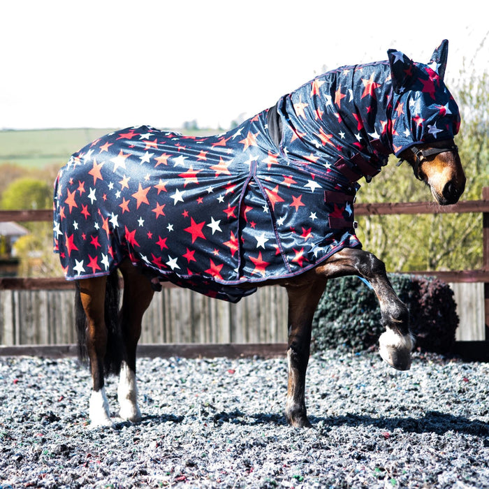 Horse Pony Fly Sheet Rugs Lite Combo Belly Tail Cover Mask White Red Star 5'3-6'9 - Tack24