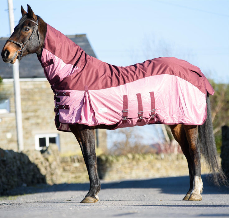 600D 2 in 1 Waterproof Fly Turnout Mesh Horse Rug Fixed Neck Burgundy/Pink 5'6-6'9 - Tack24