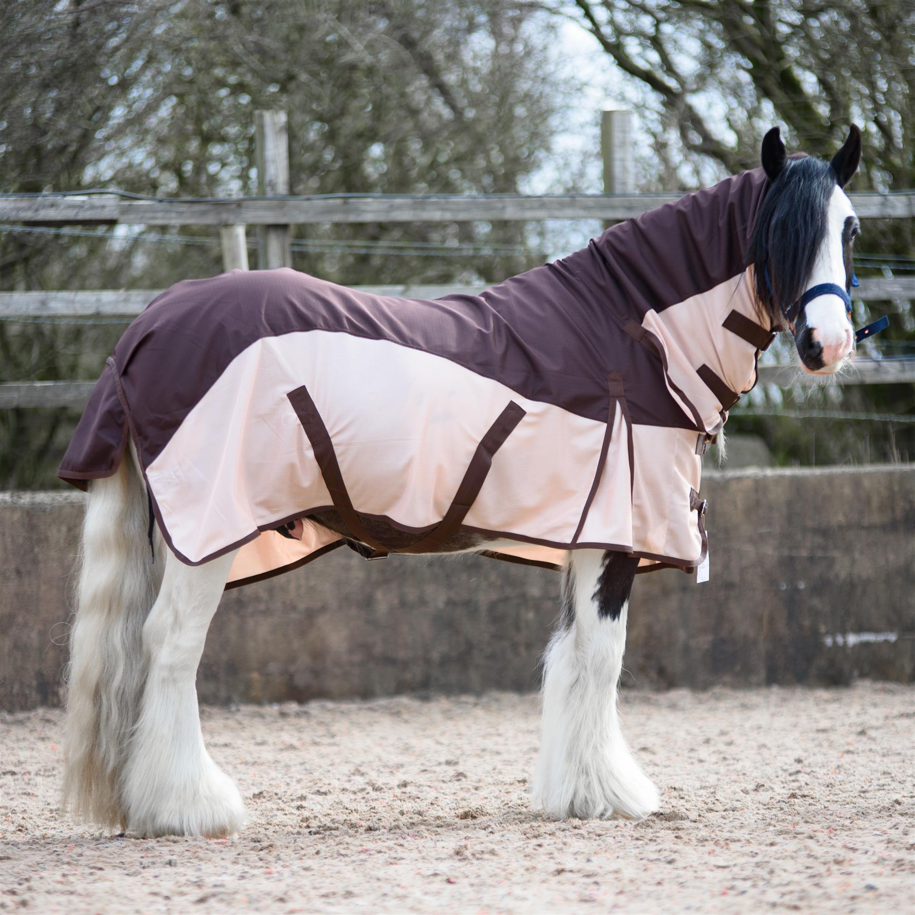600D 2 in 1 Waterproof Fly Turnout Mesh Horse Rug Fixed Neck Brown/Caramel 5'6-6'9 - Tack24