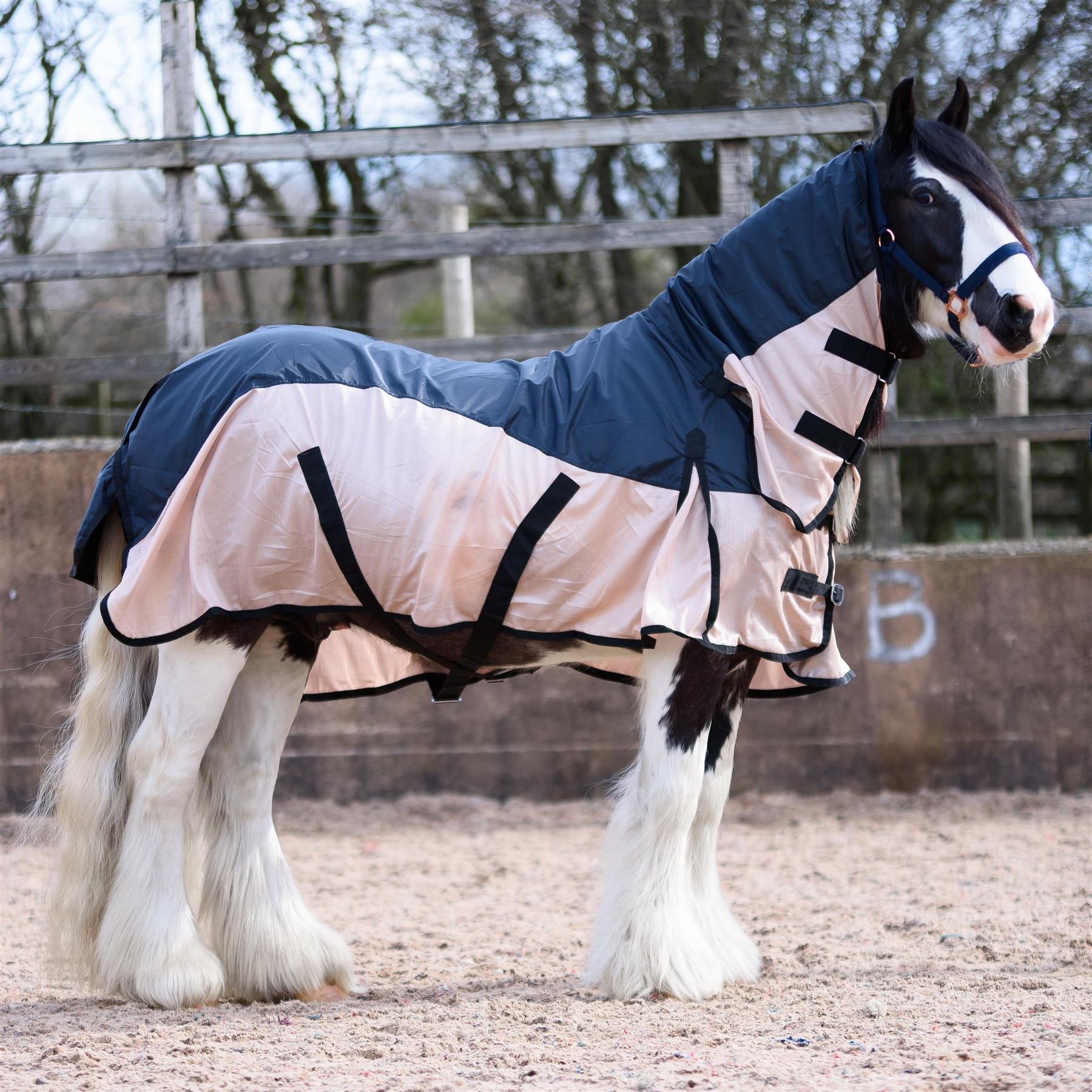 420D 2 in 1 Waterproof Fly Turnout Mesh Horse Rug Fixed Neck Black/Caramel 5'6-6'9 - Tack24