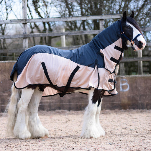 420D 2 in 1 Waterproof Fly Turnout Mesh Horse Rug Fixed Neck Black/Caramel 5'6-6'9 - Tack24