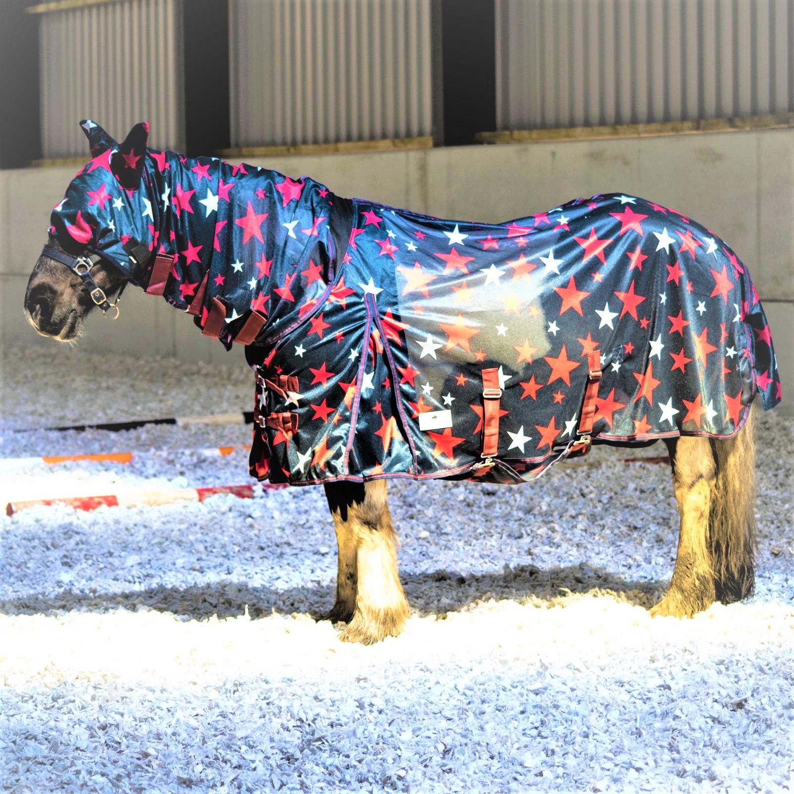 Horse Pony Fly Sheet Rugs Lite Combo Belly Tail Cover Mask White Red Star 5'3-6'9 - Tack24