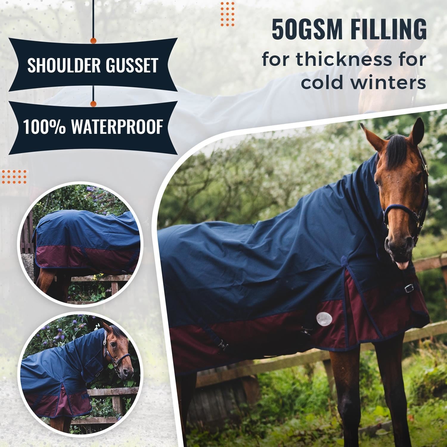 1200D Outdoor Winter Turnout Horse Rugs 50G Fill COMBO Neck Navy/Burguny 5'3-6'9 - Tack24
