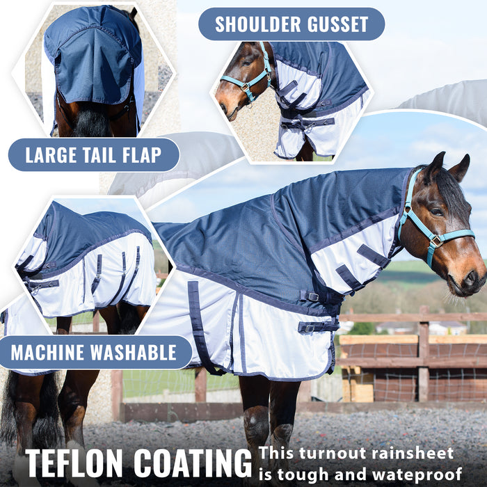 600D 2 in 1 Waterproof Fly Turnout Mesh Horse Rug Fixed Neck Blue/White 5'6-6'9 - Tack24
