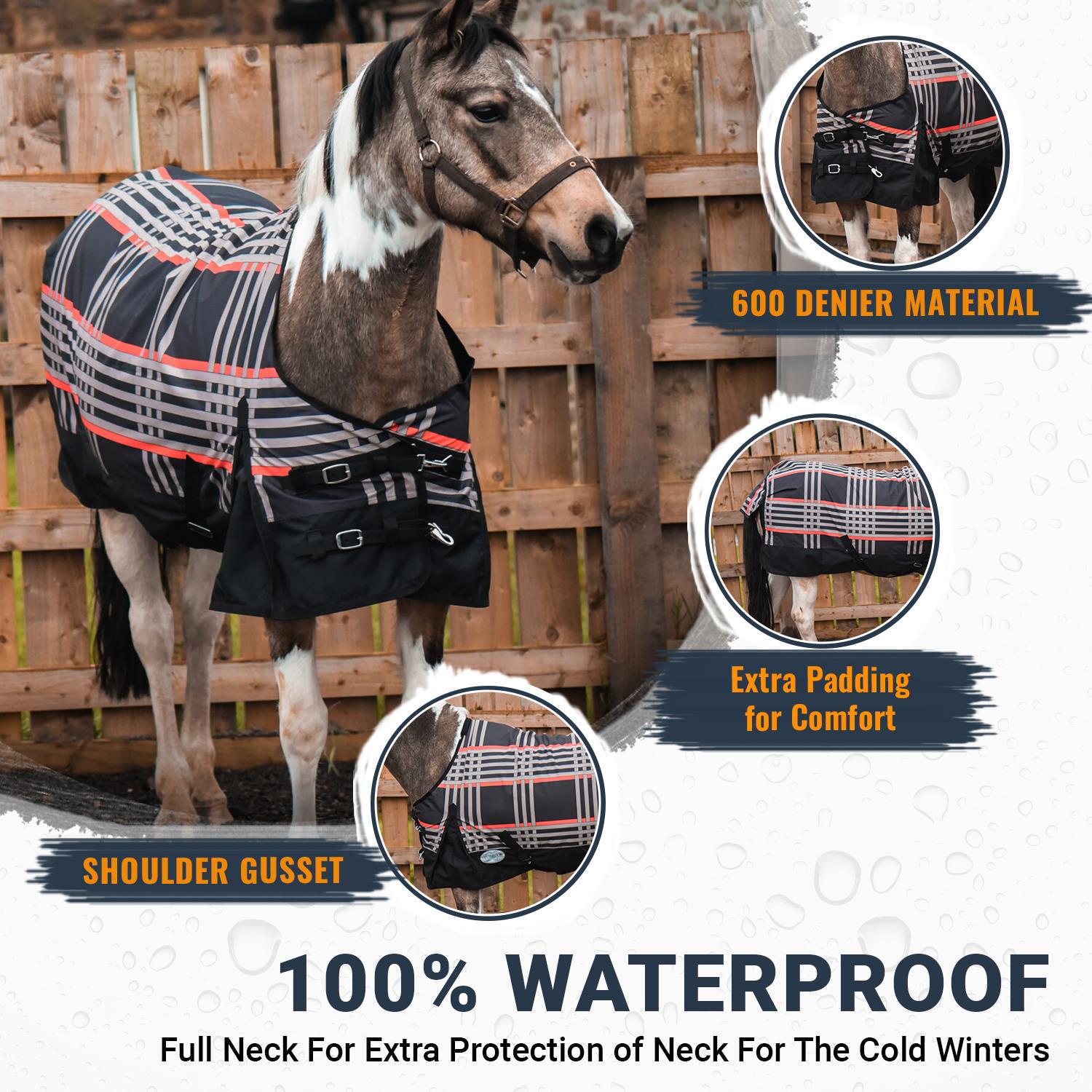 Lightweight Horse Turnout Rainsheet Waterproof 600D Ripstop Black Square 5'6-6'9 - Tack24