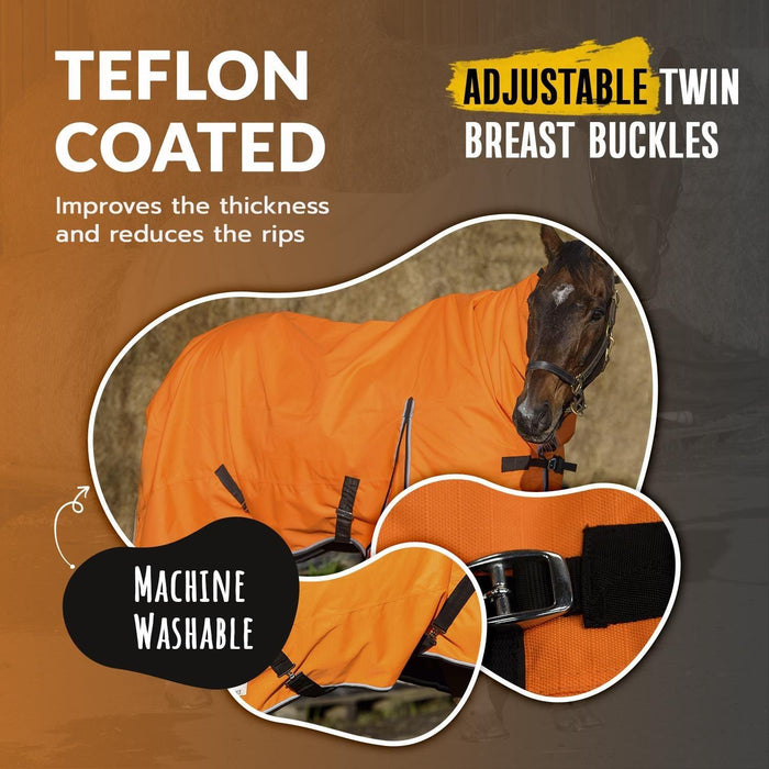 1200 Denier Lite Rain Horse Turnout Rug Waterproof Teflon Combo Orange 5'3-6'9 - Tack24