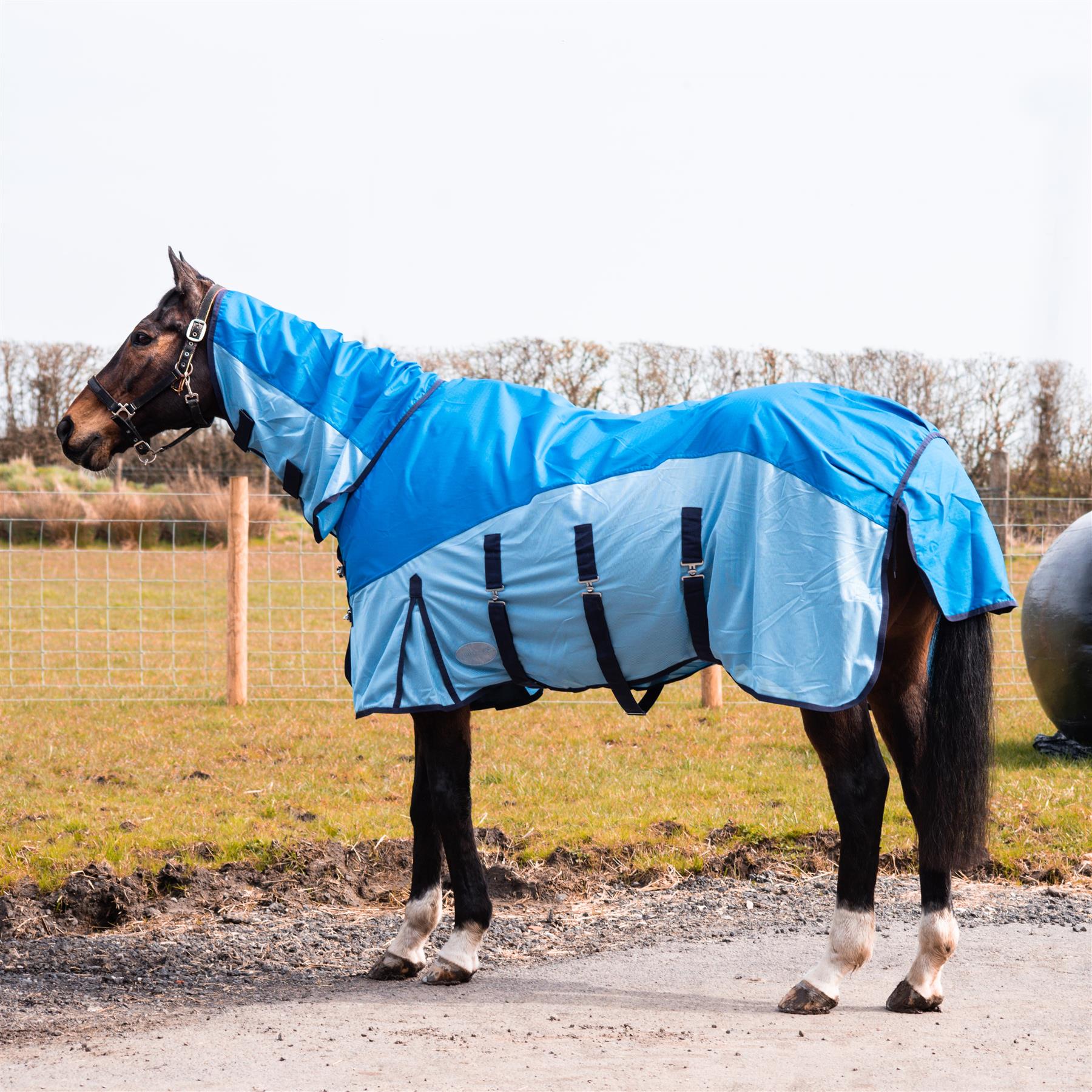 600D 2 in 1 Waterproof Fly Turnout Mesh Horse Rug Fixed Neck 2 Blue's 5'6-6'9 - Tack24