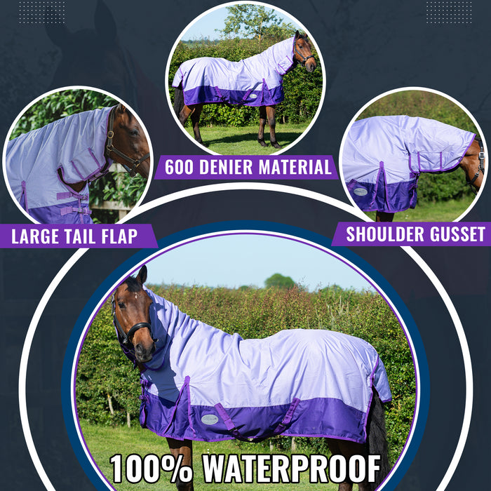 600D Lightweight Turnout Horse Rug Waterproof Combo Full Neck Lavender/Purple 5'6 -6'9 - Tack24