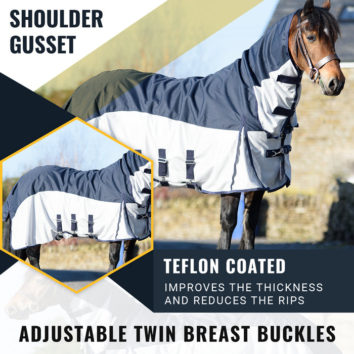 600D 2 in 1 Waterproof Fly Turnout Mesh Horse Rug Fixed Neck Navy/Silver 5'6-6'9 - Tack24