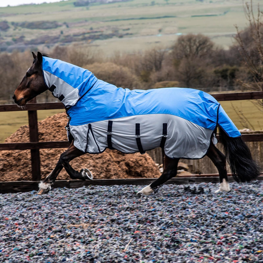 600D 2 in 1 Waterproof Fly Turnout Mesh Horse Rug Fixed Neck Blue/Grey 5'6-6'9 - Tack24