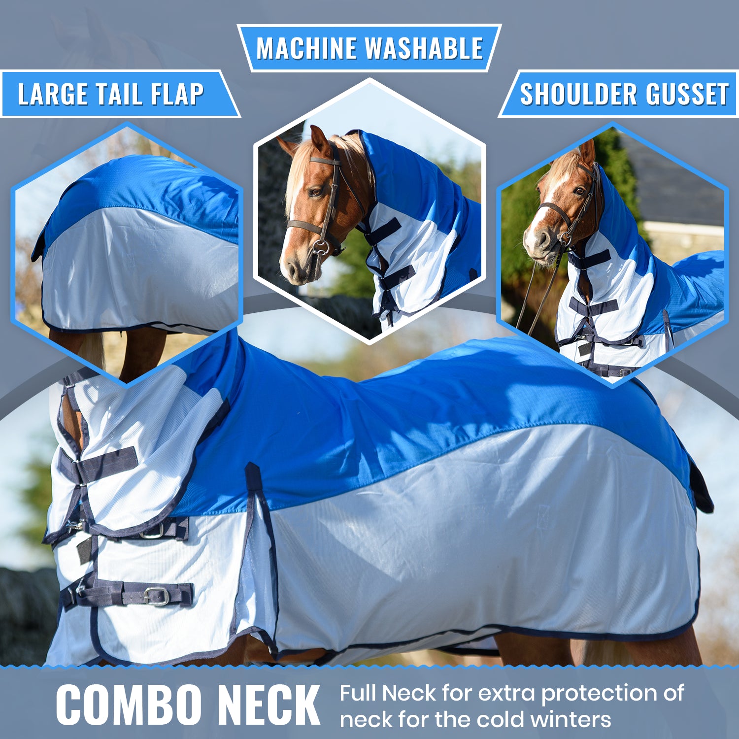 600D 2in1 Waterproof Fly Turnout Mesh Horse Rug Fixed Neck Cobalt Blue IceBlue 5'6-6'9 - Tack24