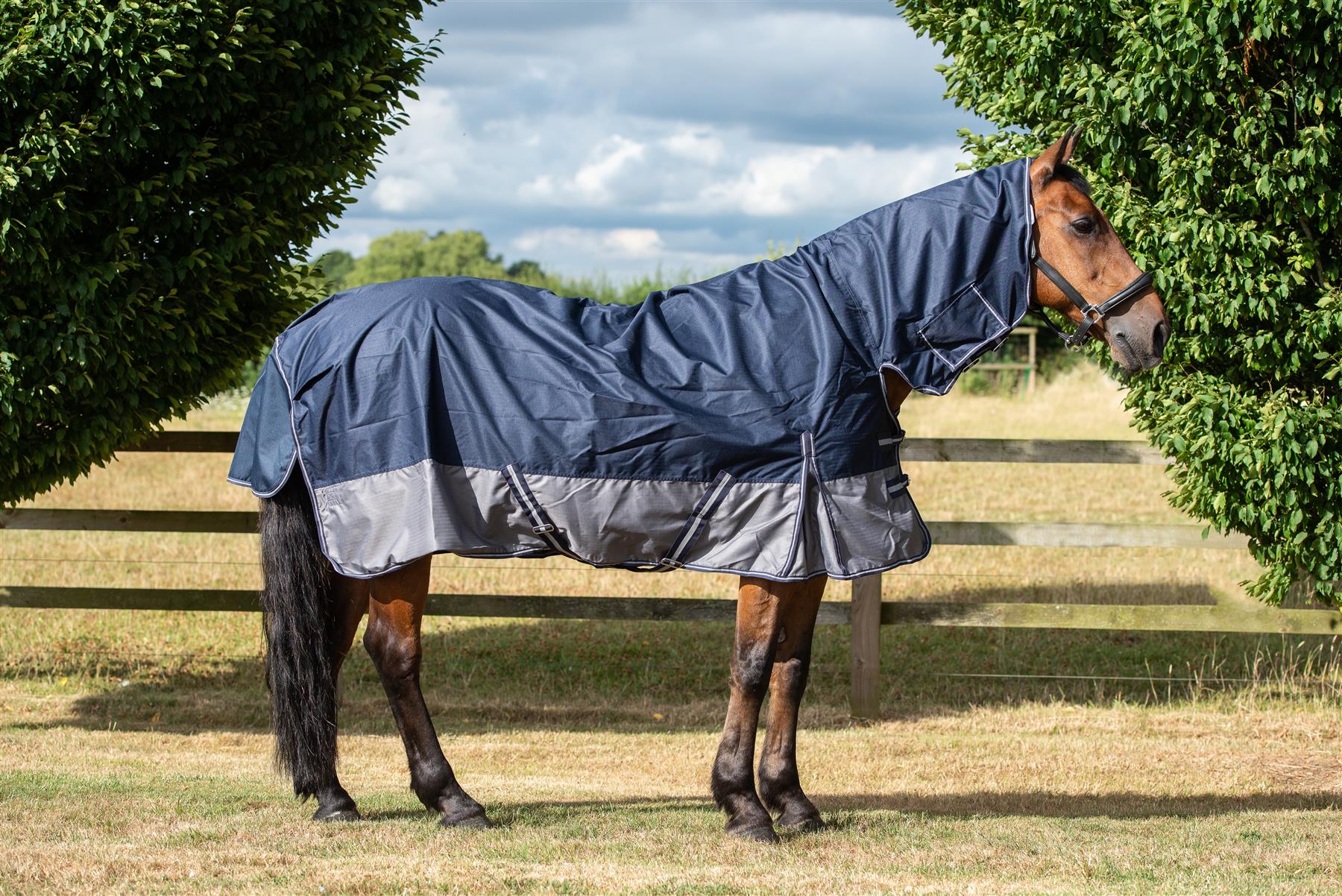 600D Lightweight Turnout Horse Rug 0g No Fill Full Combo Neck Navy/Grey 5'6-6'9 - Tack24