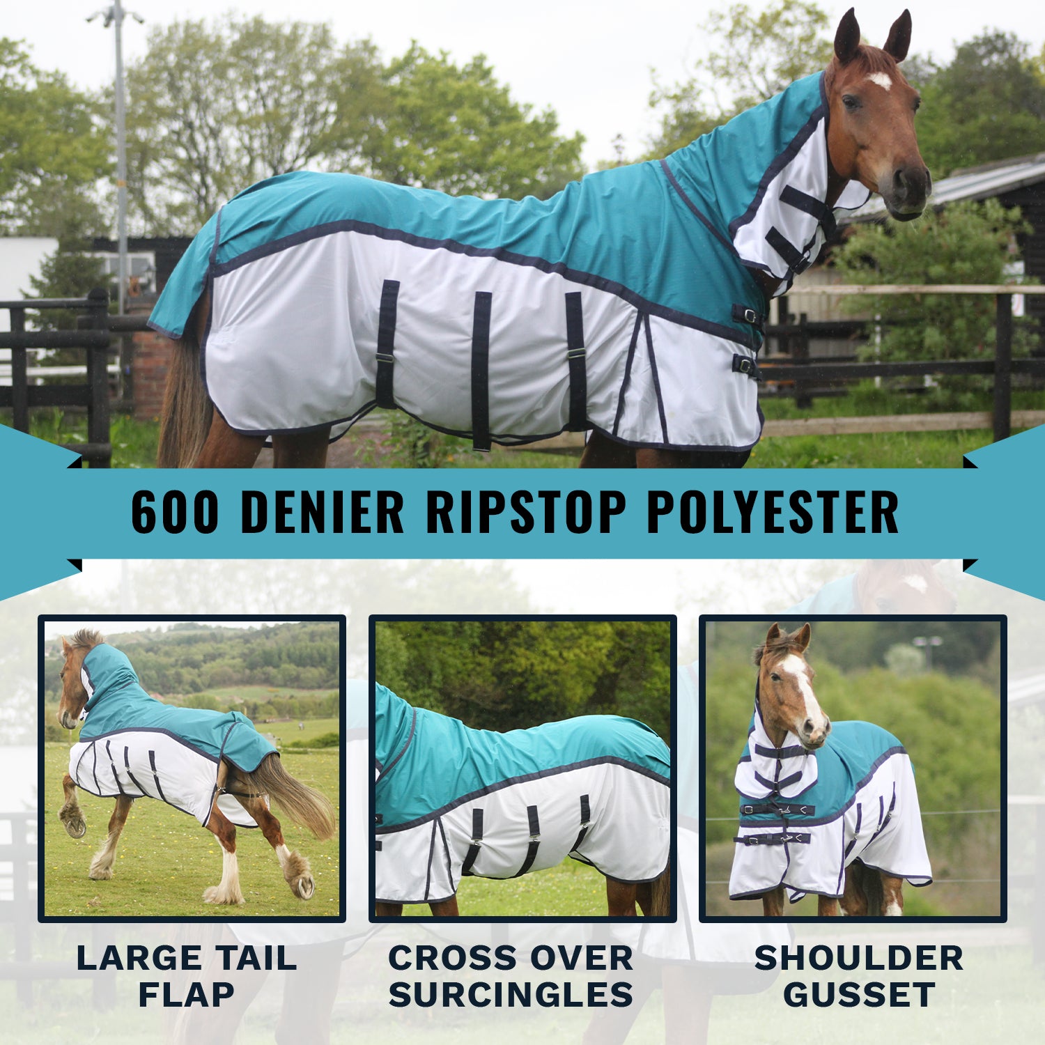 600D 2 in 1 Waterproof Fly Turnout Mesh Horse Rug Fixed Neck Petrol/White 5'6-6'9 - Tack24