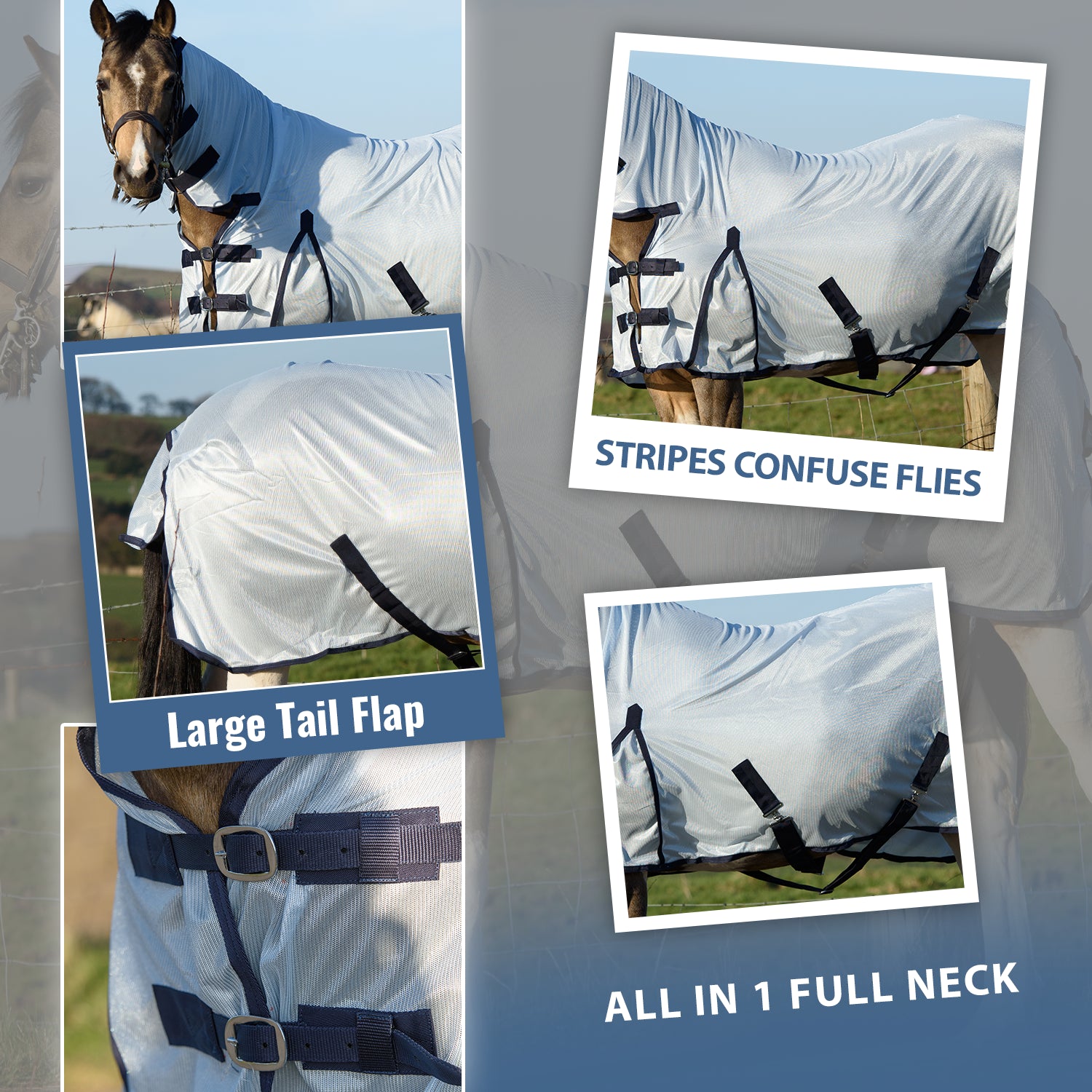 Horse Pony Fly Sheet Rugs Lite Combo Belly Tail Cover Mask Ice Blue 5'6-6'9 - Tack24