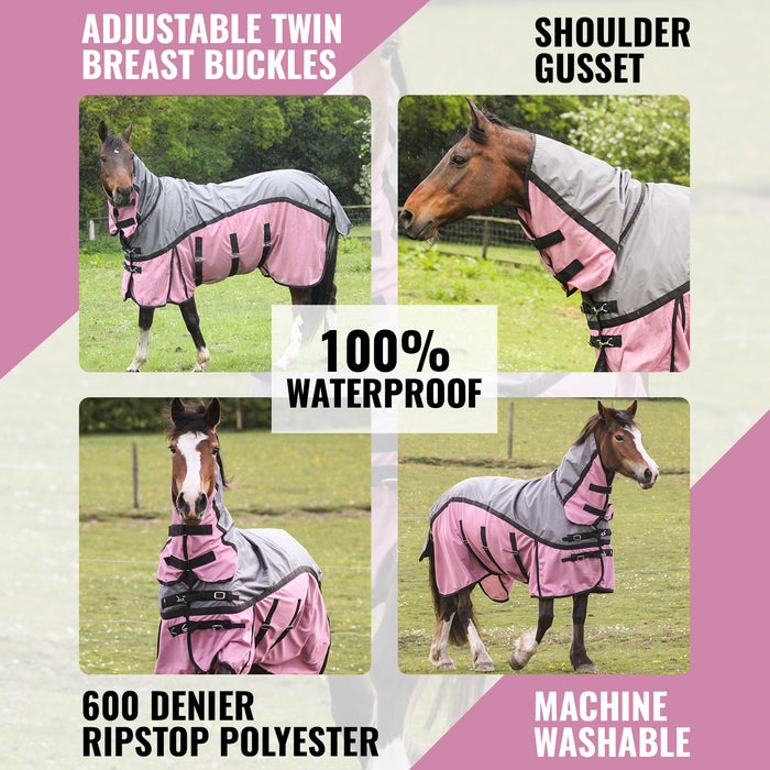 600D 2 in 1 Waterproof Fly Turnout Mesh Horse Rug Fixed Neck Grey/Raspberry 5'6-6'9 - Tack24
