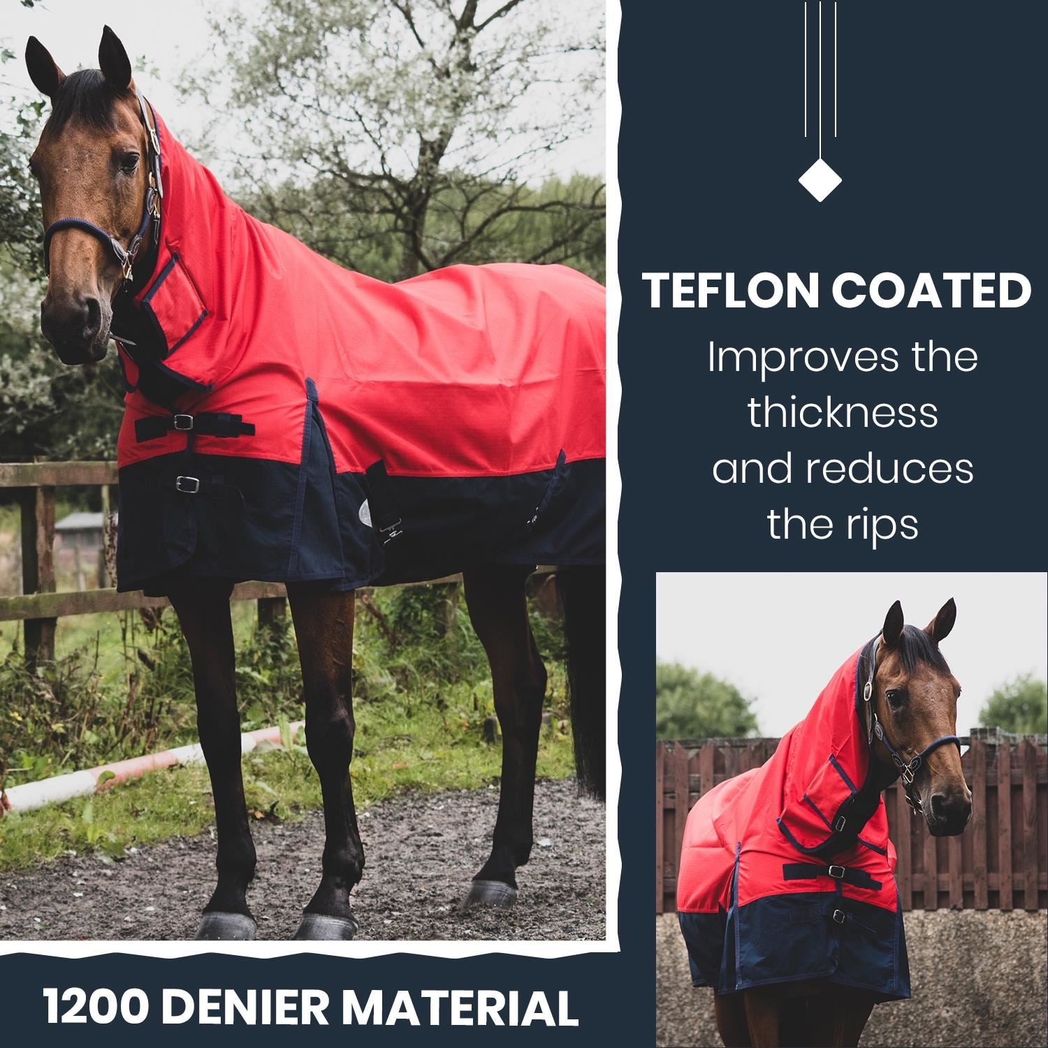1200D Lightweight Turnout Horse Rug Waterproof Combo Full Neck Red/Navy 5'3 -6'9 - Tack24