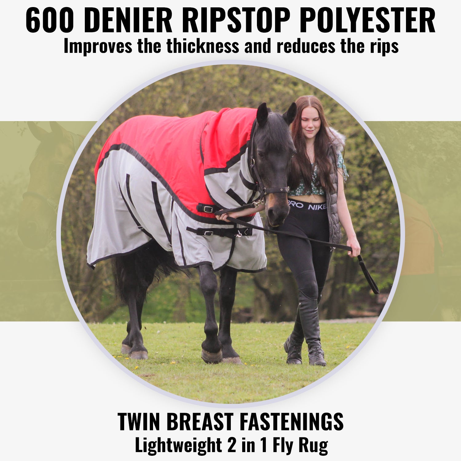 600D 2 in 1 Waterproof Fly Turnout Mesh Horse Rug Fixed Neck Red/Grey 5'6-6'9 - Tack24