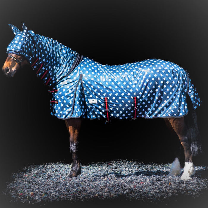 Horse Pony Fly Sheet Rugs Lite Combo Belly Tail Cover Mask Navy White Star 5'3-6'9 - Tack24