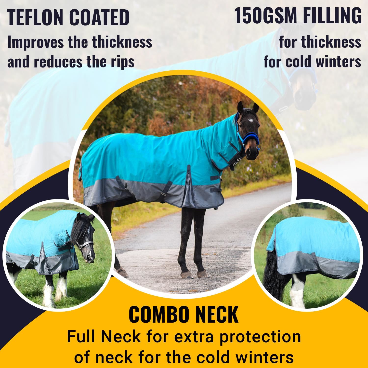 600D Outdoor Winter Turnout Horse Rugs 150g Combo Full Neck Aqua/Grey 5'3-6'9 - Tack24