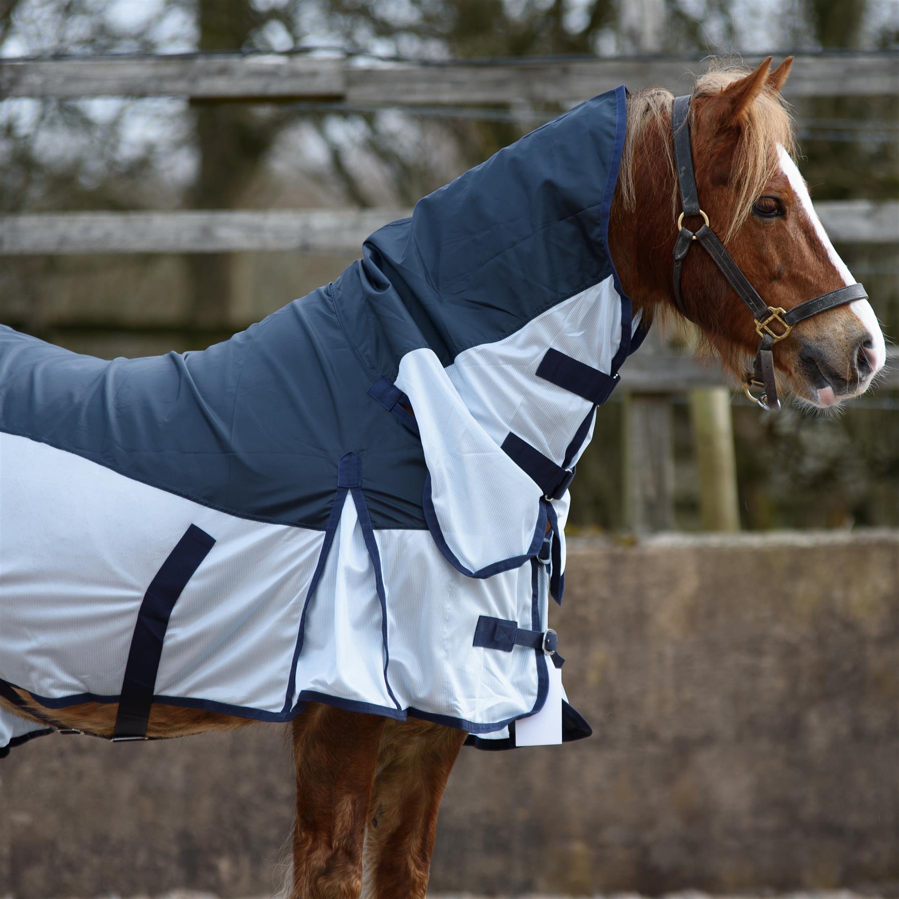 420D 2 in 1 Waterproof Fly Turnout Mesh Horse Rug Fixed Neck Navy/Blue 5'6-6'9 - Tack24