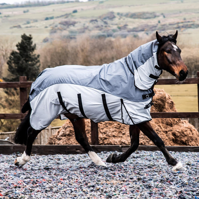 600D 2 in 1 Waterproof Fly Turnout Mesh Horse Rug Fixed Neck Grey/Silver 5'6-6'9 - Tack24