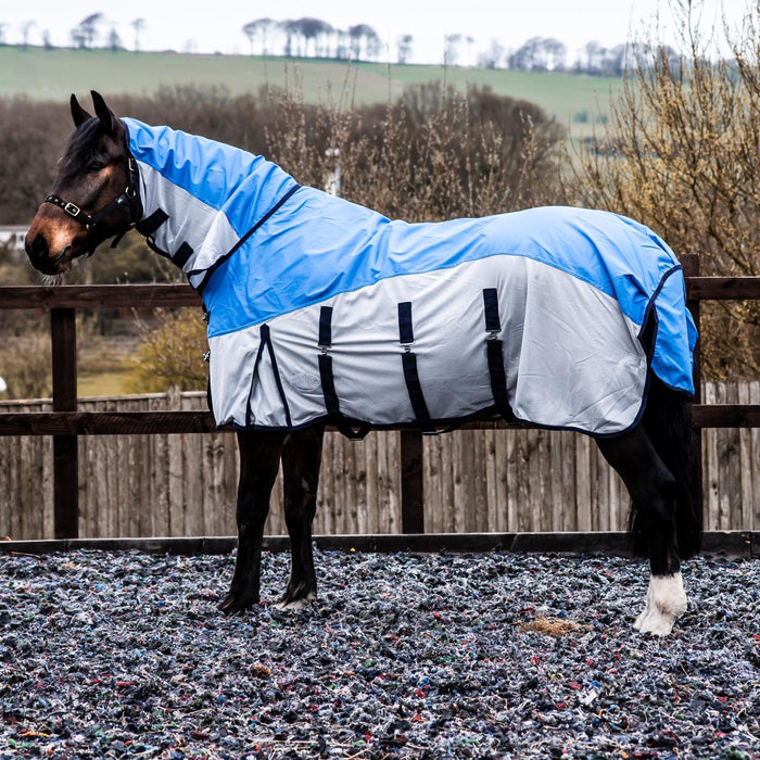 600D 2 in 1 Waterproof Fly Turnout Mesh Horse Rug Fixed Neck Blue/Grey 5'6-6'9 - Tack24