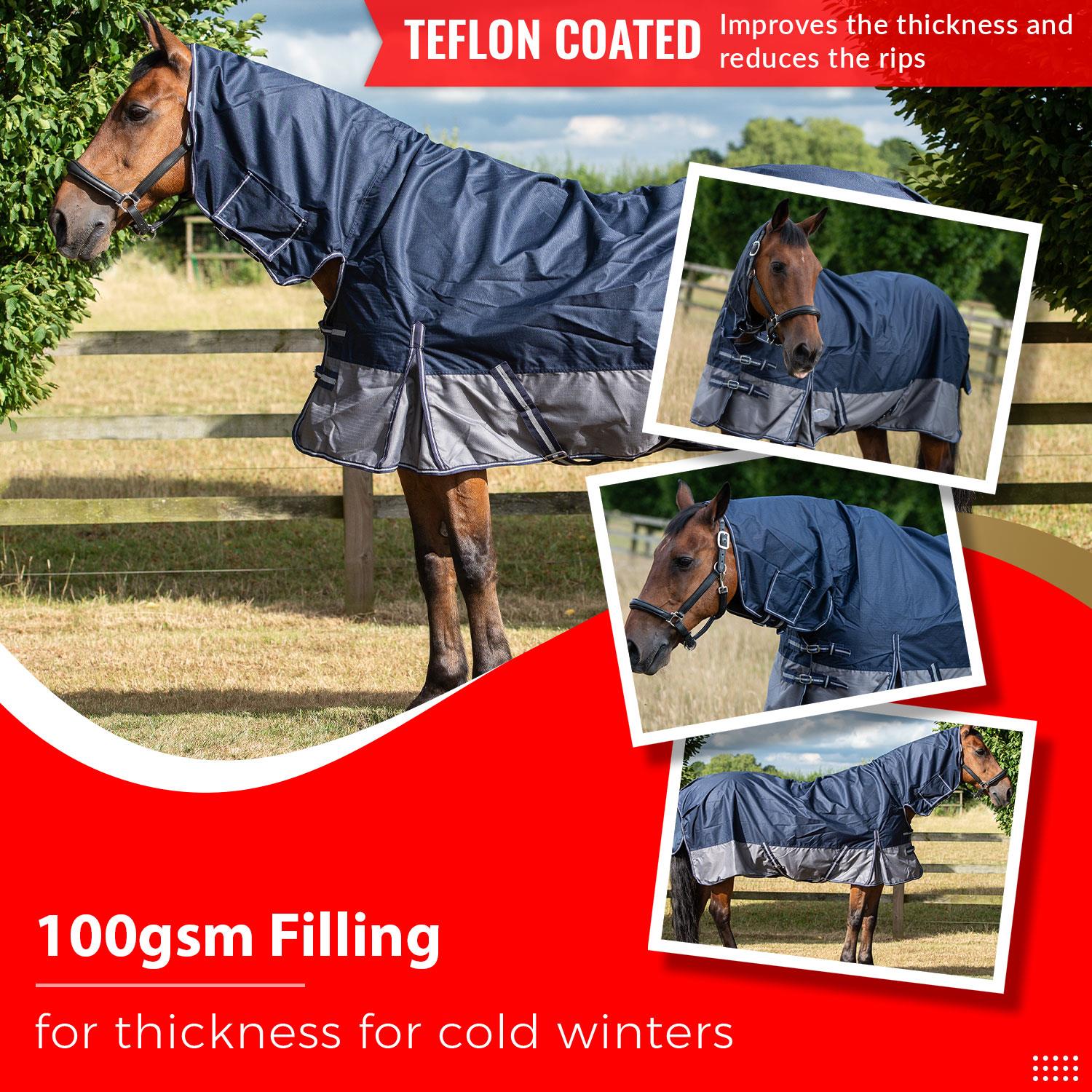 Outdoor Winter Turnout Horse 100gsm Combo Full Neck Wateproof Navy/Grey 5'6-6'9 - Tack24