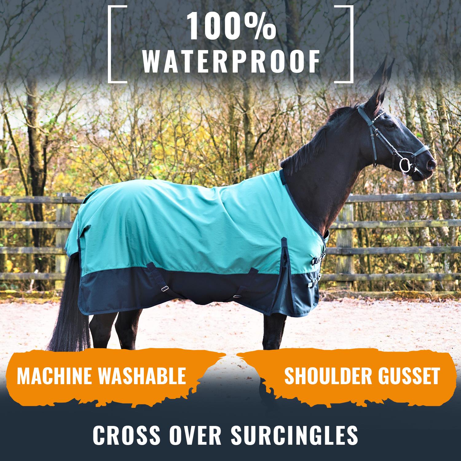 Lightweight Horse Turnout Rainsheet Waterproof 600D Ripstop Green/Navy 5'6-6'9 - Tack24