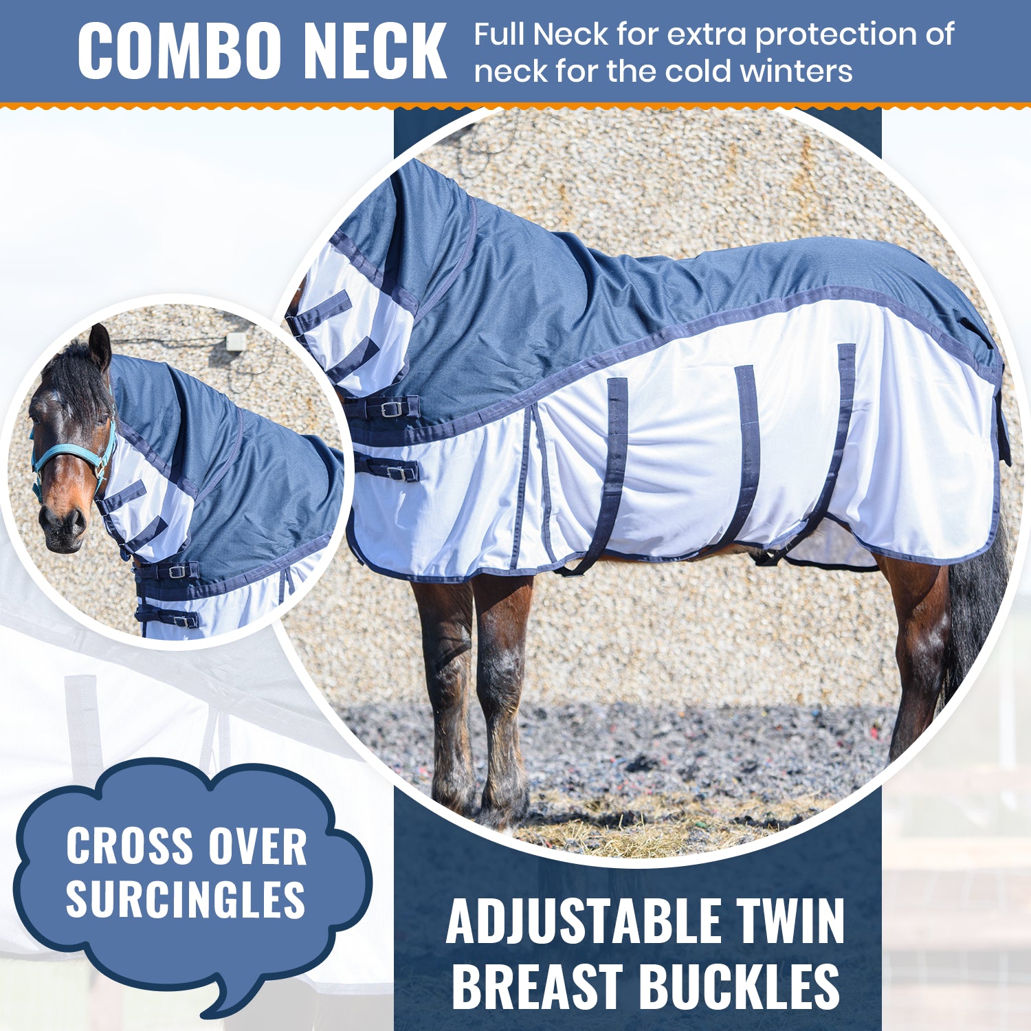 600D 2 in 1 Waterproof Fly Turnout Mesh Horse Rug Fixed Neck Blue/White 5'6-6'9 - Tack24