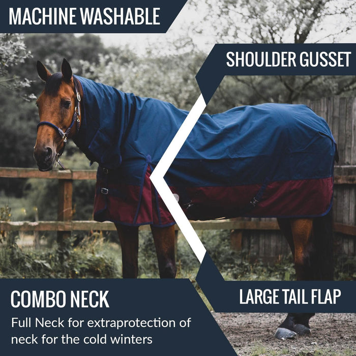 600D Outdoor Winter Turnout Horse Rugs 350G Fill Combo Neck Navy/Burgundy 5'3-6'9 - Tack24