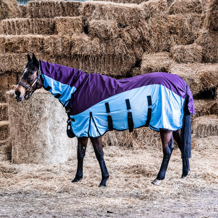 600D 2 in 1 Waterproof Fly Turnout Mesh Horse Rug Fixed Neck Burgundy/Blue 5'6-6'9 - Tack24