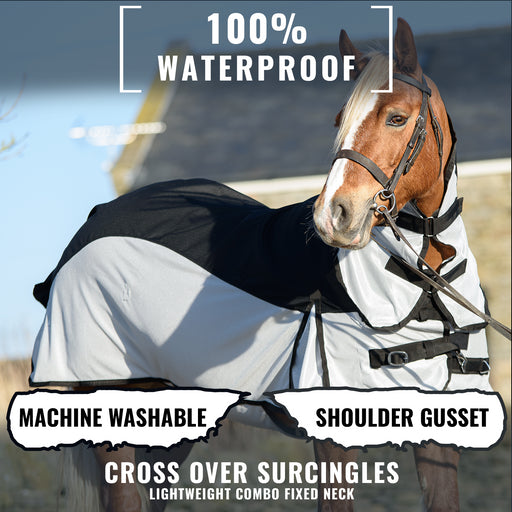 600D 2 in 1 Waterproof Fly Turnout Mesh Horse Rug Fixed Neck Black/Silver 5'6-6'9 - Tack24