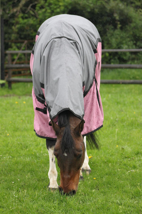 600D 2 in 1 Waterproof Fly Turnout Mesh Horse Rug Fixed Neck Grey/Raspberry 5'6-6'9 - Tack24