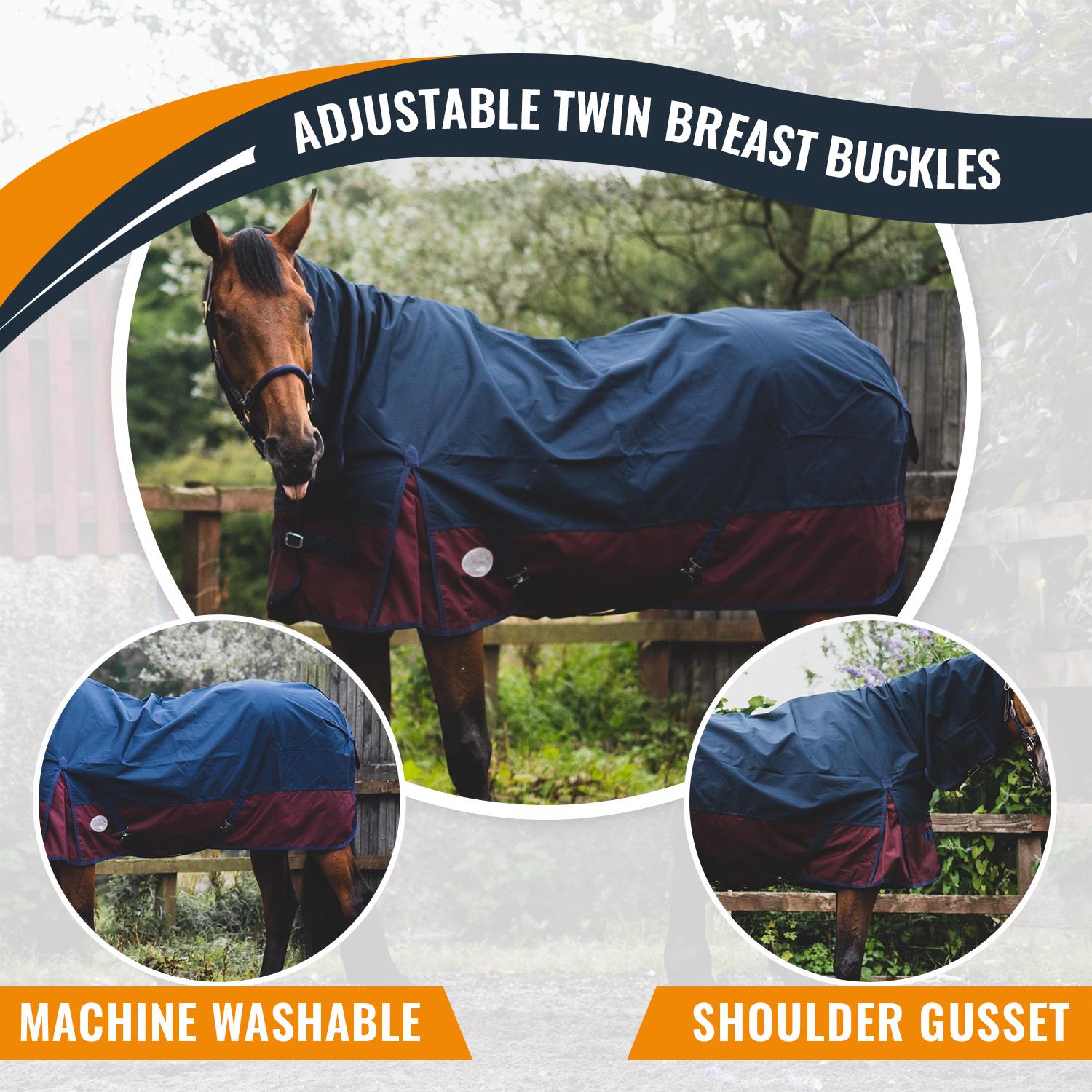 600D Outdoor Winter Turnout Horse Rugs 50G Fill COMBO Full Neck Navy/Burgundy 5'3-6'9 - Tack24