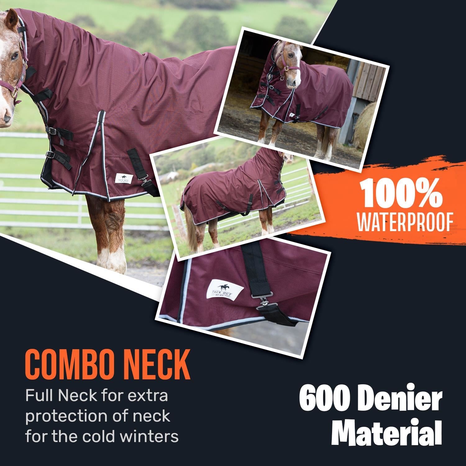 600D Outdoor Mediumweight Turnout 50G Fill COMBO Thermo Horse Rug Red 5'6-6'9 - Tack24