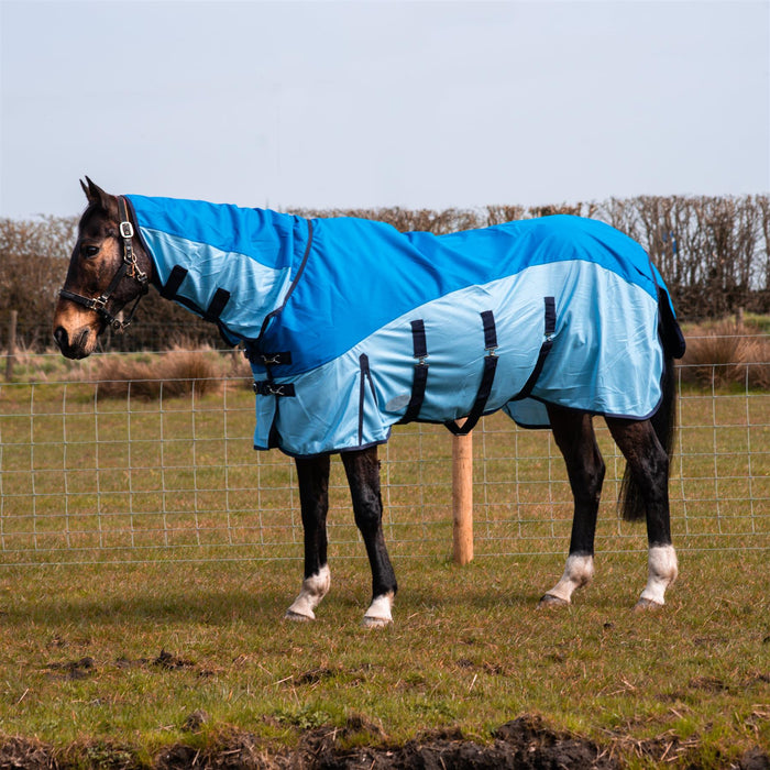 600D 2 in 1 Waterproof Fly Turnout Mesh Horse Rug Fixed Neck 2 Blue's 5'6-6'9 - Tack24